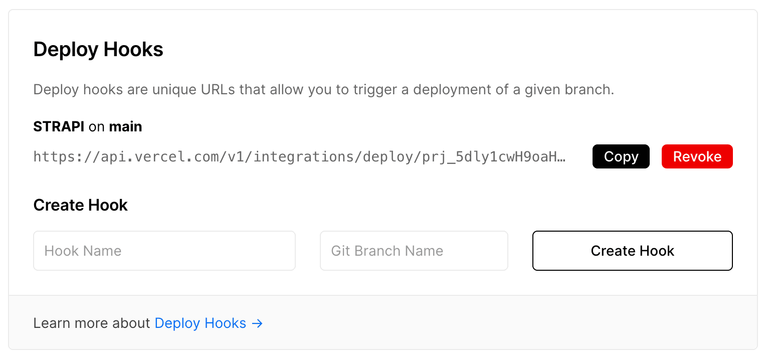 Filled in Vercel deploy hook form